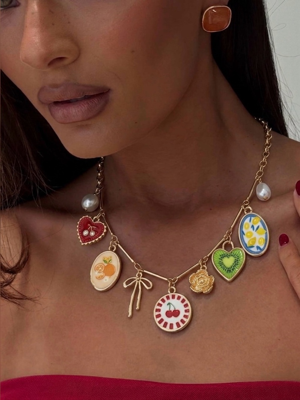 Gold Charm Necklace with Multicolor Enamel Charms